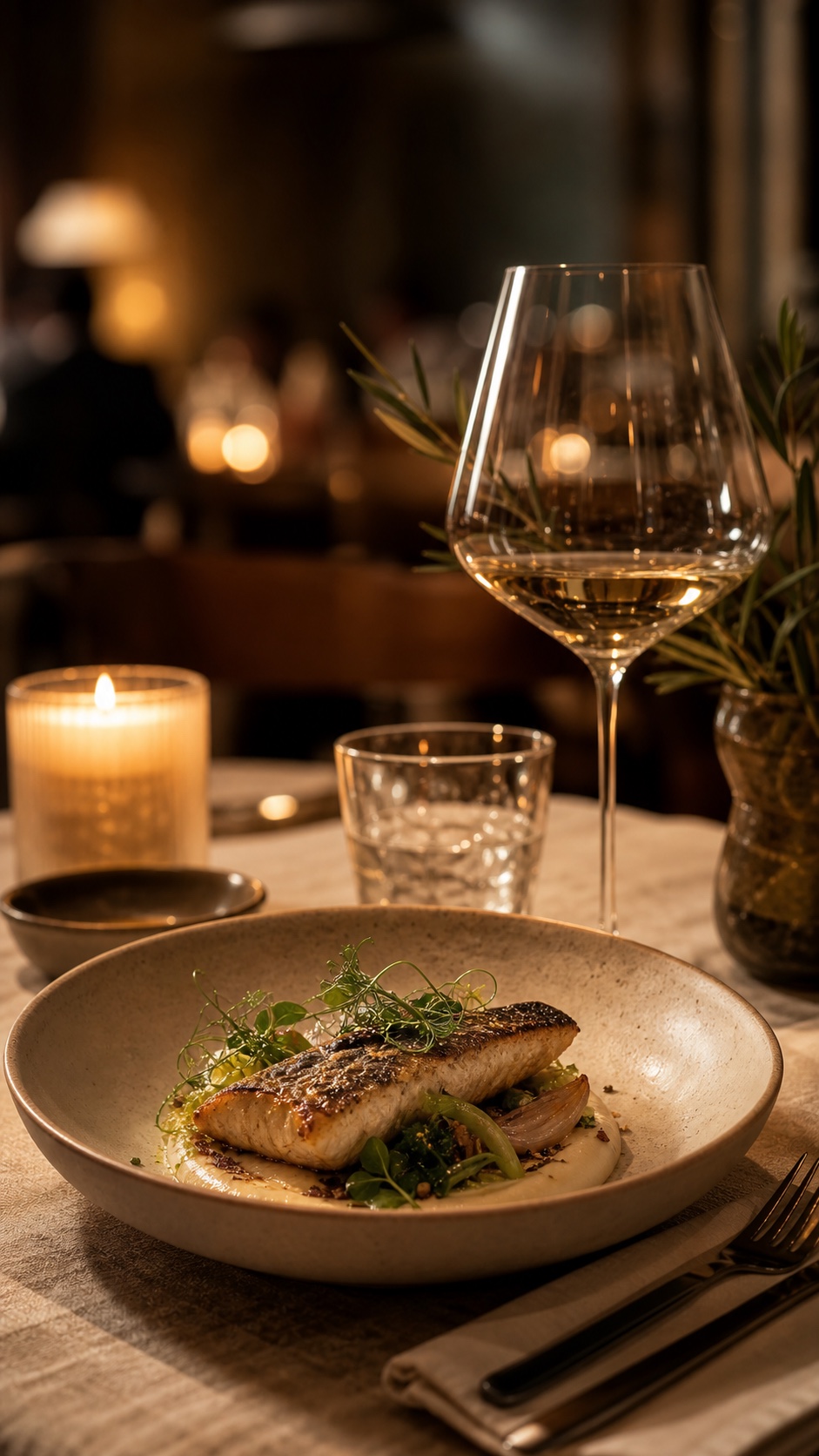 Candlelit restaurant table with a plated dish and wine